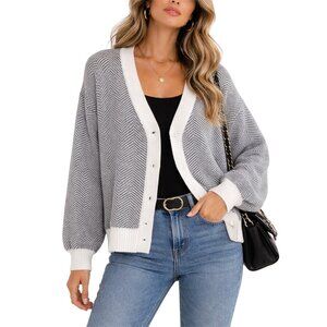 Witty Fox Herringbone Cardigan Black White Button Front V-Neck Sweater XL